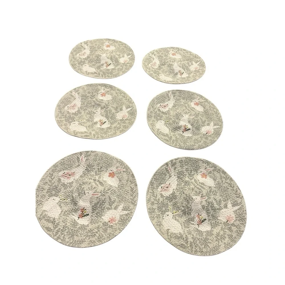 Easter‎ Placemats Bunnies Flowers Embroidered 15 Inch Round Set of 6